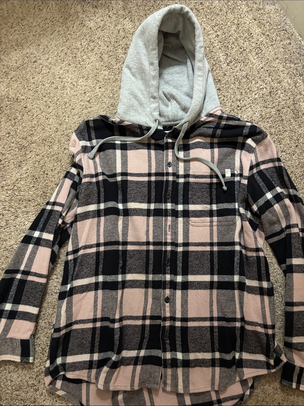 Plaid Pink and Black Hooded Flannel Shirt Jacket